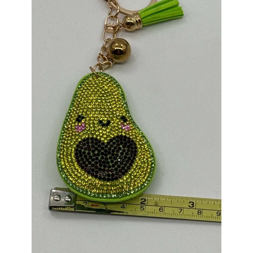 Green Rhinestone Avocado Keychain Heart Pit Tassel Gold Tone Bag Charm